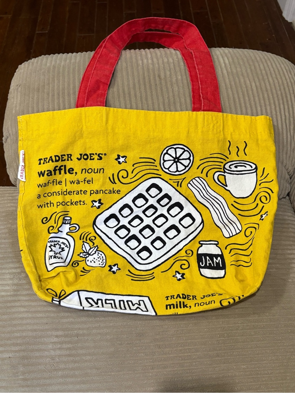 Trader Joe's Yellow Waffle Tote Bag with Red Handles
